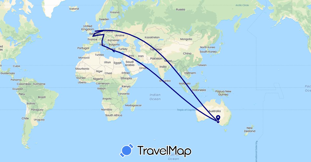 TravelMap itinerary: driving in United Arab Emirates, Australia, Belgium, Czech Republic, Germany, France, Greece, Italy, Netherlands (Asia, Europe, Oceania)